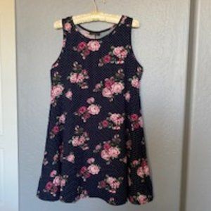 Short Sleeveless Dress, Navy with Pink Roses